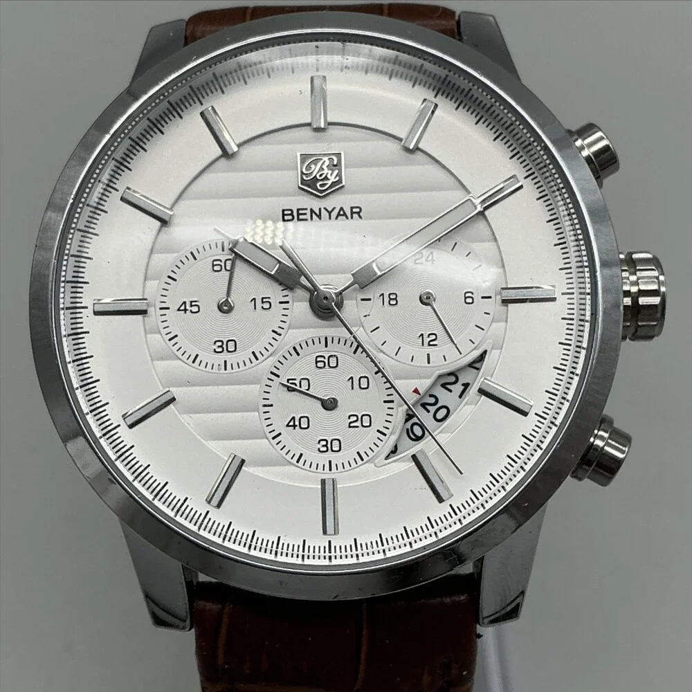 Benyar Mens Watch 43mm Silver Tone Chronograph Brown Leather Date New Battery